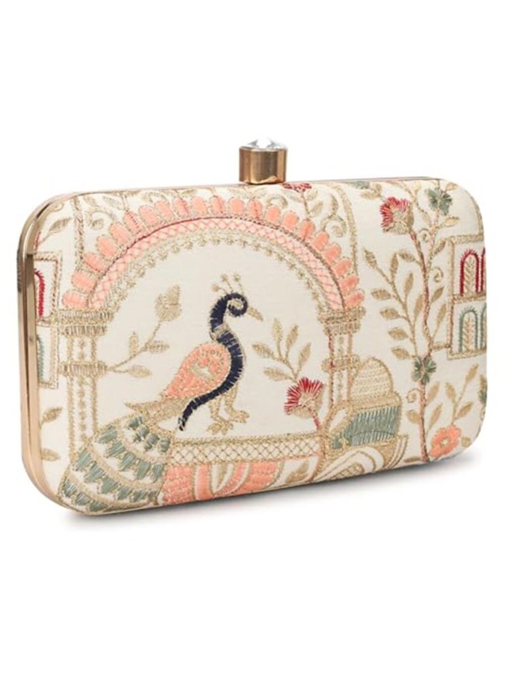 Hand Crafted Box Clutch, Zari Embroidery Evening Purse For Women, Cream